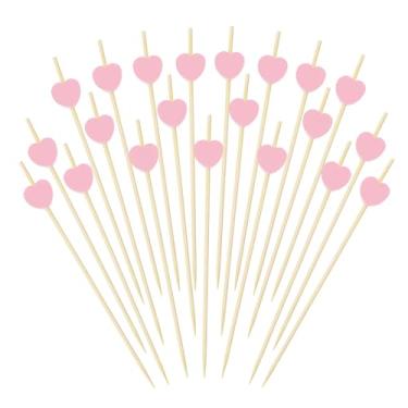 Imagem de Shapenty Palitos de coquetel em formato de coração de bambu de 12 cm decoram espetos de palitos de aperitivo de frutas para topo de bolo, bebida, aniversário de casamento, dia dos namorados, decoração