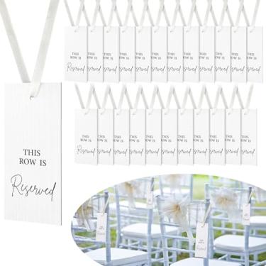 Imagem de Kosiz Pacote com 24 placas de cadeiras reservadas com fita para recepção de casamento festa restaurante Esta fileira é reservada placas penduradas para eventos de igreja casamento cadeira de banco
