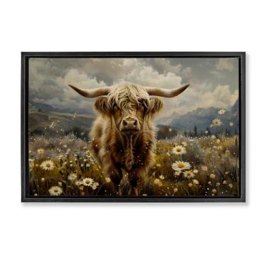 Imagem de Stupell Industries Arte de parede em tela emoldurada Cattle in Daisy Field Black Floater por LSR Design Studio, 78 x 53 cm