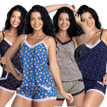 Imagem de Kit com 5 Pijamas Feminino Short Dolls Estampados com Detalhe em Renda