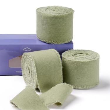 Imagem de FAKILO Fita de algodão rústico natural com borda desgastada, fita 100% algodão verde-oliva 3,8 cm x 18 m para buquês de casamento vintage, convites, chá de bebê, embrulho de presente, artesanato DIY