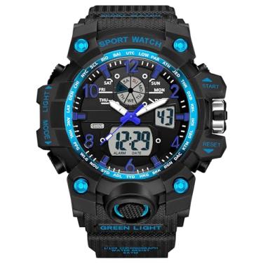 Imagem de findtime Relógio digital feminino à prova d'água, relógio de pulso analógico, tático, militar, com alarme luminoso, cronômetro, relógio de pulso com horário duplo, Azul, esporte
