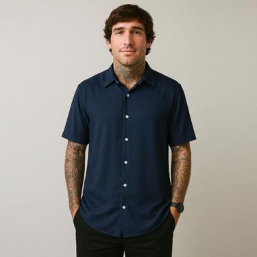 Imagem de Camisa Social Masculina Manga Curta De Botão Azul Marinho Viscose - Up