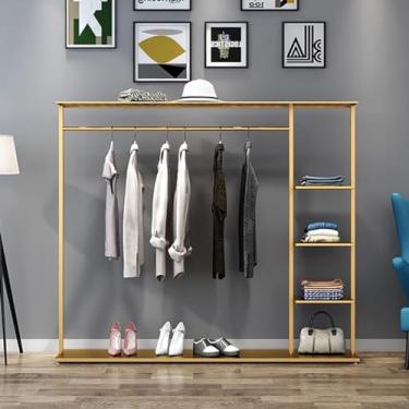 Imagem de CUTPOIY Arara de roupas com prateleira, rack de metal para roupas de pé livre com prateleira de 3 níveis, suporte de exibição de roupas de 152 cm de altura para quarto, lavanderia (cor: dourado) (ouro