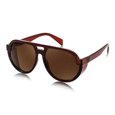 Imagem de FEISEDY Óculos de sol aviador Steampunk com protetores laterais para homens e mulheres anos 80 retrô top plano superdimensionado B0096, Armação marrom/lente marrom, 58MM