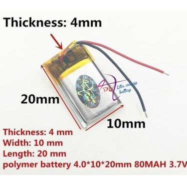 Imagem de Bateria 3.7v 80 Mah 4mm X10mm X20mm 2 Fios 401020 - bgb
