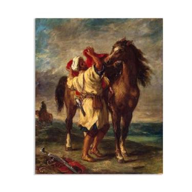 Imagem de Impressão em tela Giclee Arte de parede de galeria embrulhada, árabe selando seu cavalo, pôster de arte famoso emoldurado pronto para pendurar para decoração de sala de estar 65 x 50 cm (26 x 19 pol)