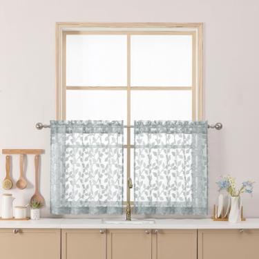 Imagem de Chyhomenyc Cortinas transparentes cinza claro 61 cm de comprimento, folha de filtragem leve tufada texturizada pequena cortina de cozinha sobre a pia, cortinas curtas de meia janela para porão de