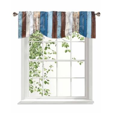 Imagem de Saia de amarrar para janelas, vermelho, branco, marrom, pintura a óleo, bolso para varão, tratamento de janela curta, retrô de grão de madeira, cortinas de janela ajustáveis para cozinha, sala de