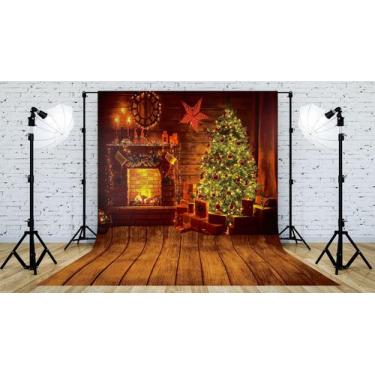 Imagem de Fundo Fotográfico em Tecido Natal Madeira Lareira e Árvore - 150x170cm