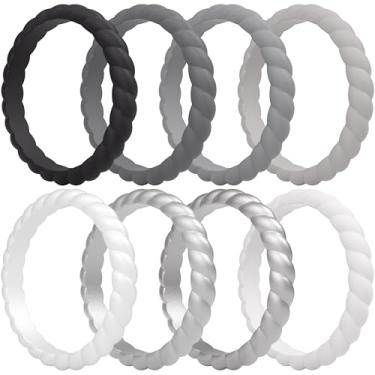 Imagem de ThunderFit Alianças de casamento de silicone trançadas finas para mulheres, anéis de noivado de borracha de 3,5 mm de largura e 2 mm de espessura - 1/4/8/10/12/16 pacote variado, 7.5 - 8 (18.2mm