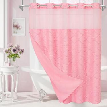 Imagem de Craidlela Cortina de chuveiro de tecido boho rosa boho, 91 x 184 cm, casa de fazenda moderna, gola chevron tufada, com textura chique, minimalista, sem gancho, para banheiro, decoração de hotel