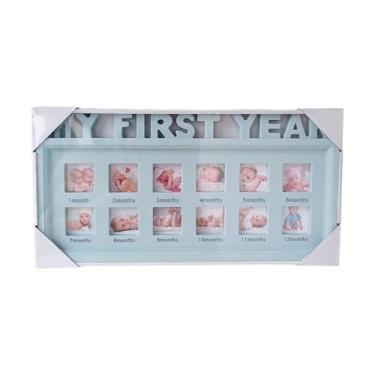 Imagem de Fenteer Moldura de parede para primeiro ano, álbum de mesa, decoração de aniversário, comporta 12 fotos, moldura para lembrança de bebê para presente de, Azul