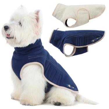 Imagem de ROZKITCH Jaqueta de lã reversível para cães, suéter de lã de ovelha superquente com orifício de coleira e bordado, colete de pelúcia de dupla face ajustável para raças médias ao ar livre e interno