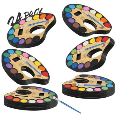 Imagem de CSH Pacote com 24 conjuntos de tinta aquarela a granel (bandeja de 12 cores), vem com 24 pincéis e 24 aventais descartáveis, tinta aquarela lavável para crianças e adultos, atividades artísticas