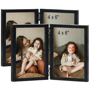 Imagem de JCJMY Conjunto de porta-retratos duplos, 10 x 15 cm, suporte vertical dobrável na mesa, duas aberturas de madeira, 10 x 15 cm, moldura dupla, colagem com acrílico resistente a estilhaçamento, pacote