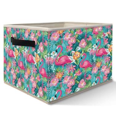 Imagem de Likjad Cesta de armazenamento de flamingo floral rosa, presentes de flamingo para mulheres e meninas, caixa organizadora de tecido tropical botânico dobrável, caixa de brinquedos para quarto, banheiro
