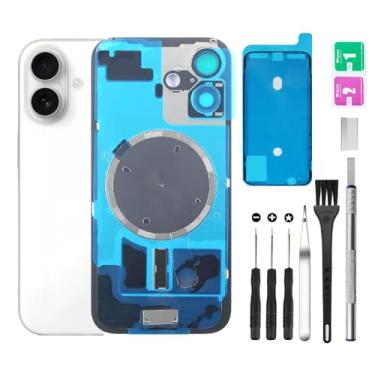 Imagem de Substituição de vidro da tampa traseira traseira para iPhone 16 + lente da câmera + ímã + suporte de peça de ferro com kit de ferramentas de reparo (branco)