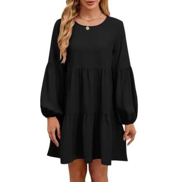 Imagem de Vestido de outono QACOHU 2024 Fashion Loose Mini com gola redonda pret