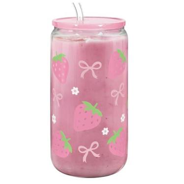 Imagem de Copo de vidro SANDJEST Strawberry 470ml com tampa e canudo