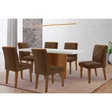 Imagem de Conjunto Sala de Jantar Nevada c/ Tampo Madeirado c/ Vidro Canto Curvo 180x90cm e 6 Cadeiras Pietá Madeira Maciça Naturale/Off White - Capuccino/Suede