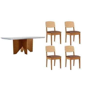 Imagem de Conjunto Sala de Jantar Nevada c/ Tampo Madeirado c/ Vidro Canto Curvo 120x80cm e 4 Cadeiras Havana Premium Naturale/Off White - Capuccino/Corano Capu