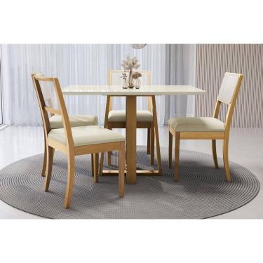 Imagem de Conjunto Sala de Jantar Elma Premium Madeira Maciça c/ Tampo Madeirado c/ Vidro 120x80cm e 4 Cadeiras Lola Carvalho/Off White - Linho Bege Argila-Kapp