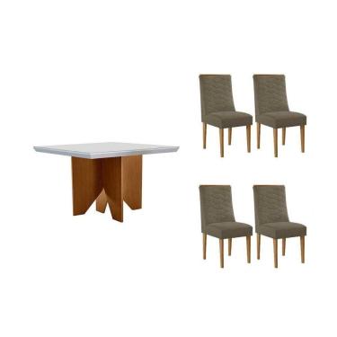 Imagem de Conjunto Sala de Jantar Nevada c/ Tampo Madeirado c/ Vidro Canto Curvo 90x90cm e 4 Cadeiras Maldivas Madeira Maciça Naturale/Off White - Capuccino/Cor
