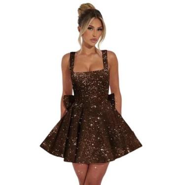 Imagem de Vestido de boas-vindas Dessiny Plus Size, lantejoulas marrons, gola qu