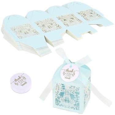 Imagem de BUNCHBRAVO Caixas de doces da Torre Eiffel com fita e etiquetas – 50 peças de caixas de lembrancinhas cortadas a laser de pérola para casamento, chá de panela, festa de aniversário (azul claro)