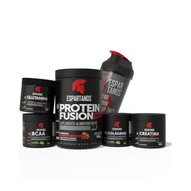 Imagem de Kit Whey Protein Fusion Morango 900g + BCAA em Pó Limão + Creatina + Glutamina + Colágeno em Pó Limão 100g + Coqueteleira - Espartanos