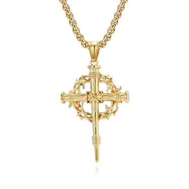 Imagem de OIDIMS Colar gótico com cruz de espinhos para homens e mulheres, punk, aço inoxidável, crucifixo, acessório de moda vintage, batismo, fé religiosa, joia cristã, 60 cm, 1, Metal, Sem Pedra Preciosa