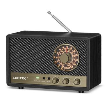 Imagem de Alto-falante Bluetooth Radio LEOTEC AM FM, mesa de madeira, preta