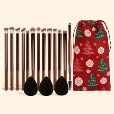 Imagem de Conjunto de pincéis de maquiagem de 17 peças com bolsa de armazenamento de esponja de gota de água, adequado para uso diário, viagens e ocasiões formais. Os pincéis são macios e suaves no rosto (café)