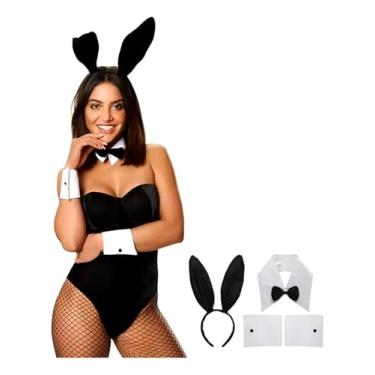 Imagem de Kit Fantasia Coelho Luxo, Conjunto com Tiara de Orelhas Pretas, Gravata Borboleta e Punhos Brancos, para Festas e Ensaios