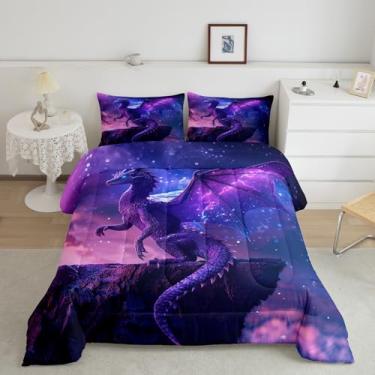 Imagem de Conjunto de edredom tamanho casal dragão roxo 3D, nebulosa galáxia, céu estrelado, fantasia para decoração de quarto de crianças, meninos, meninas, conjunto de edredom moderno, 3 peças, 2 fronhas