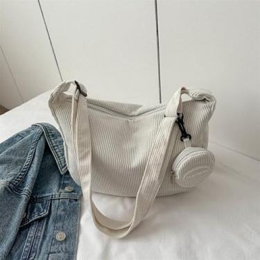 Imagem de Bolsa tiracolo de veludo cotelê para mulheres e homens, bolsas Hobo de ombro na moda bolsa crescente com pequeno pingente de bolso redondo, Branco, Branca