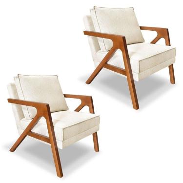 Imagem de Kit 2 Poltronas Decorativa Luiza Linho Bouclê Bege Base Em Madeira Castanho - Pallazio