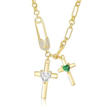 Imagem de SilvecFantasy Colar de cruz de ouro para mulheres, pingente de cruz dupla de 14 K, pino de segurança delicado, 2 pedras do nascimento, clipe de papel, corrente de fé, joias modernas, presentes