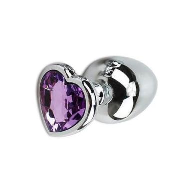 Imagem de Plug Anal de Luxo em Aço Inoxidável, Coração Roxo, 9 cm de Comprimento, Base com Pedra Lapidada, Controle de Temperatura