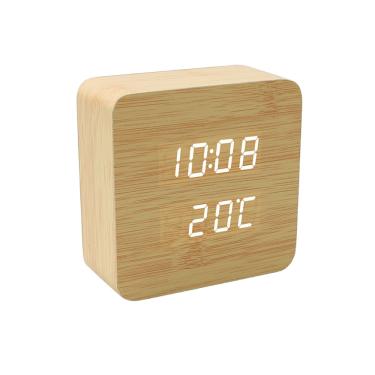 Imagem de Despertador LED digital de madeira de bambu controlada por voz