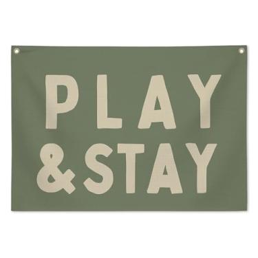 Imagem de Faixa de linho Play & Stay para berçário de sala de jogos, pendurar na parede neutra para decoração de quarto de bebê, arte rústica de quarto infantil para meninos e meninas, 71 x 50 cm - C04