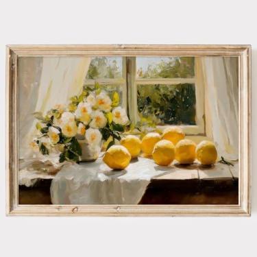 Imagem de Pintura de limão antiga arte de parede em tela floral francesa impressões de vida morta imagem de janela de limão arte de parede para cozinha arte de parede vintage cítrico pôster de fazenda pintura