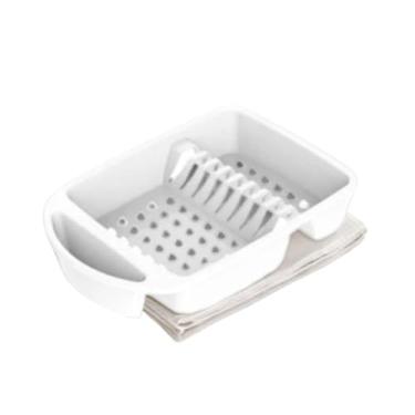 Imagem de Escorredor de Louças Plástico, Branco, 43 x 8 cm, 9 Divisórias para Pratos, Compartimento para Talheres e Utensílios, Design Compacto para Cozinha