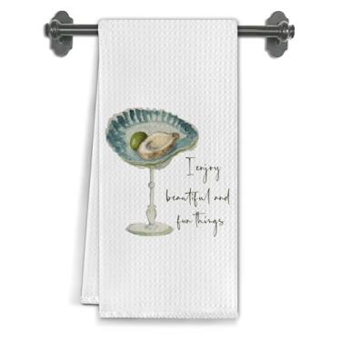 Imagem de Elefeltclave Toalhas de cozinha Oyster Seashell Martini, presentes para amantes de coquetéis de martini, toalhas de chá decorativas, toalhas de mão de praia costeira para decoração de carrinho de