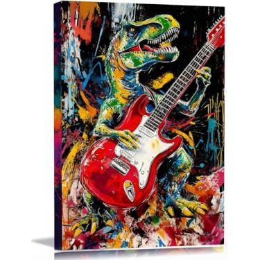 Imagem de Arte de parede T-Rex Graffiti Rock de 30,5 x 40,6 cm, impressão em tela de dinossauro, moderna, abstrata, colorida, infantil, pop, decoração de casa, adolescente, menino, quarto, pôster, banheiro