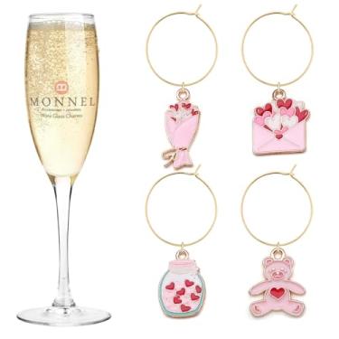 Imagem de MONNEL P806 Sortido Little Love Heart Series Urso de pelúcia rosa amuletos vinho amuletos marcadores de vidro para decorações de festa com bolsa de veludo - Conjunto de 4