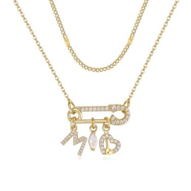 Imagem de MEIITRUE Colar feminino com inicial de alfinete de segurança, banhado a ouro 14 quilates, corrente em camadas, pingente de zircônia cúbica, gota e pingentes de coração, pingente de nome personalizado