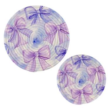 Imagem de Blueangle 2 peças de suporte de panela com laços brancos - conjunto de pegadores de panela de tecido redondo - almofadas quentes trançadas de algodão - porta-copos - tapetes de mesa para cozinhar e