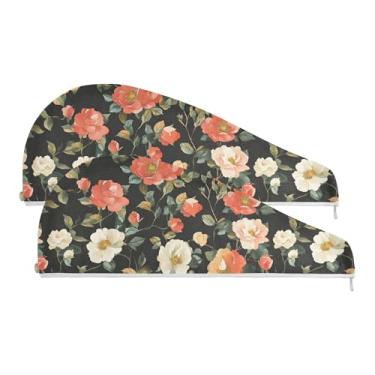 Imagem de SEHANY Toalha de cabelo de microfibra de flores coloridas elegantes para mulheres, 2 peças, turbantes de cabelo de secagem rápida com botão, touca de cabelo seco absorvente toalha de secagem de cabelo